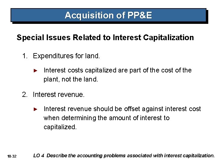 Acquisition of PP&E Special Issues Related to Interest Capitalization 1. Expenditures for land. ►