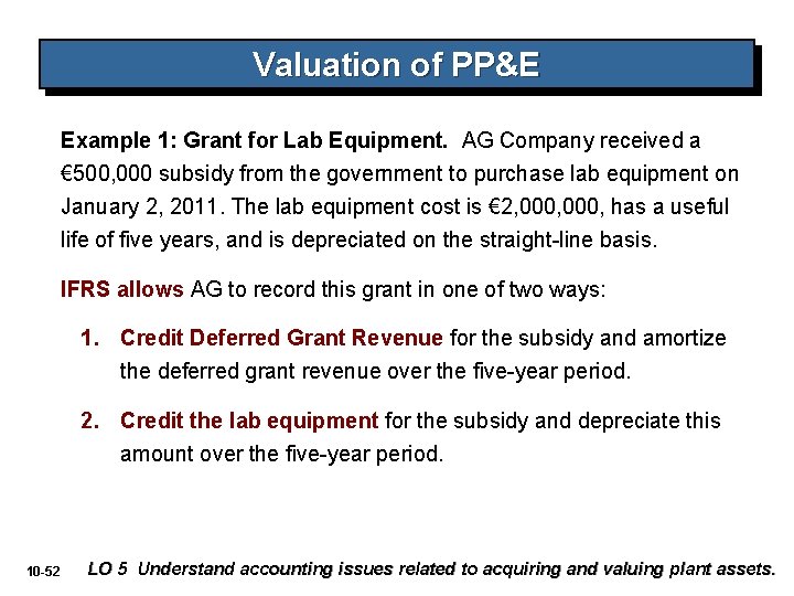 Valuation of PP&E Example 1: Grant for Lab Equipment. AG Company received a €