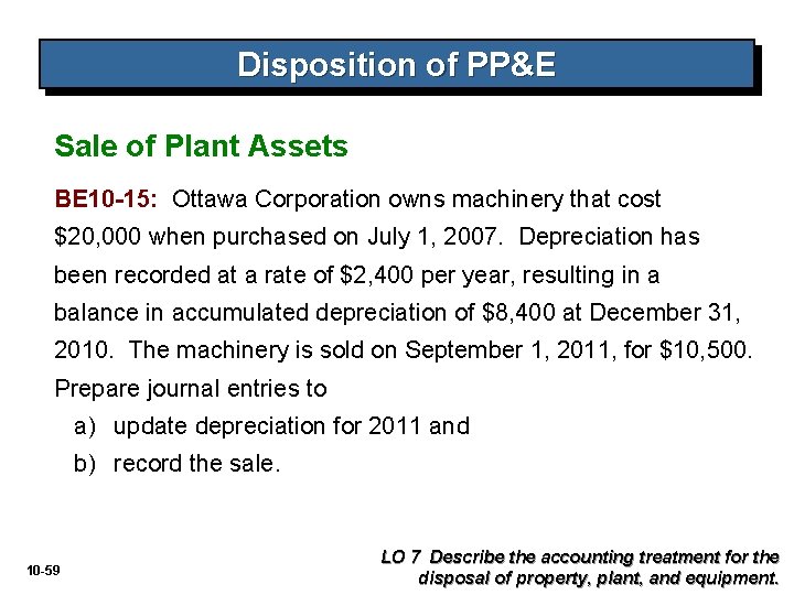 Disposition of PP&E Sale of Plant Assets BE 10 -15: Ottawa Corporation owns machinery