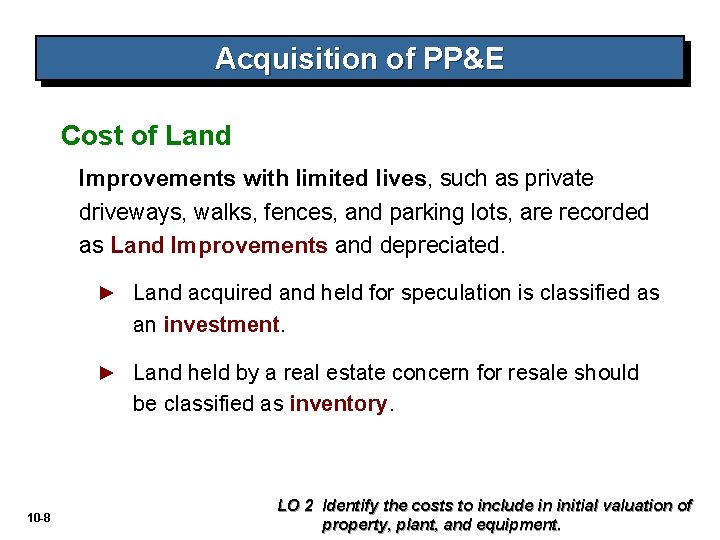 Acquisition of PP&E Cost of Land Improvements with limited lives, such as private driveways,