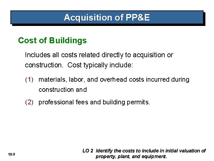 Acquisition of PP&E Cost of Buildings Includes all costs related directly to acquisition or