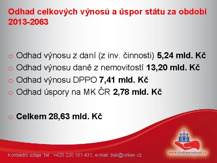 Odhad celkových výnosů a úspor státu za období 2013 -2063 o o Odhad výnosu