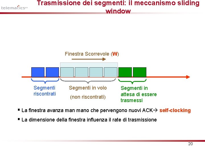 Trasmissione dei segmenti: il meccanismo sliding window Finestra Scorrevole (W) Segmenti riscontrati Segmenti in