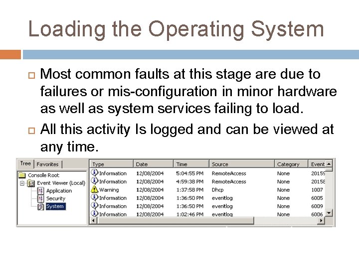 Loading the Operating System Most common faults at this stage are due to failures