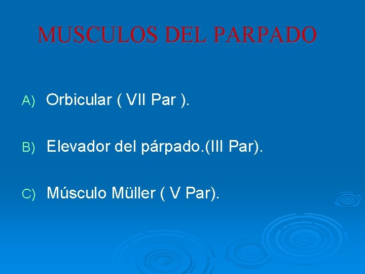 MUSCULOS DEL PARPADO A) Orbicular ( VII Par ). B) Elevador del párpado. (III MUSCULOS DEL PARPADO A) Orbicular ( VII Par ). B) Elevador del párpado. (III