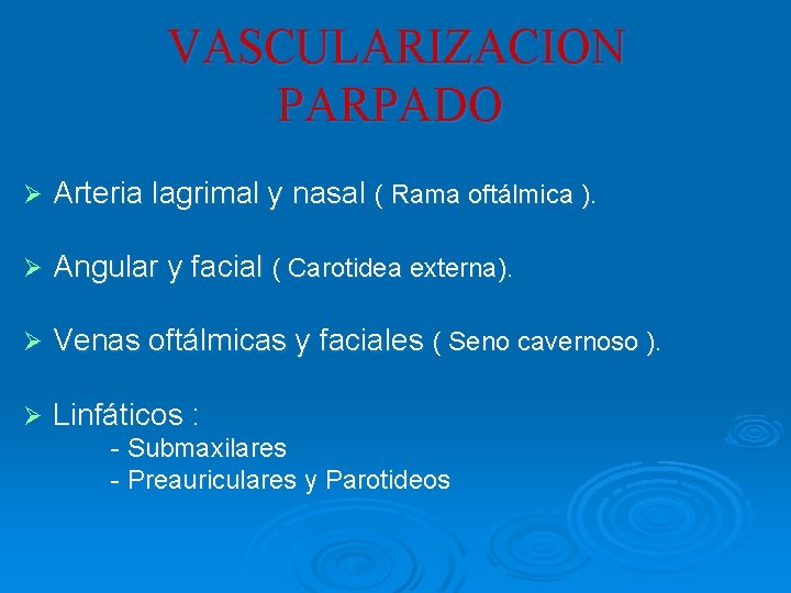 VASCULARIZACION PARPADO Ø Arteria lagrimal y nasal ( Rama oftálmica ). Ø Angular y