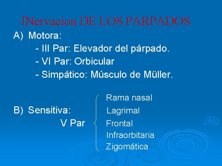 INervacion DE LOS PARPADOS A) Motora: - III Par: Elevador del párpado. - VI