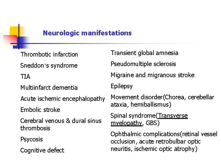 Neurologic manifestations Thrombotic infarction Transient global amnesia Sneddon’s syndrome Pseudomultiple sclerosis TIA Migraine and