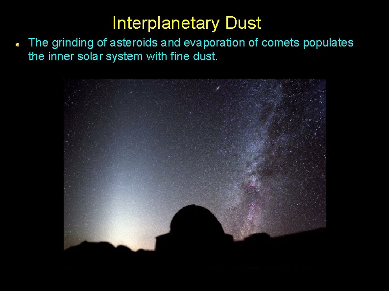 Interplanetary Dust The grinding of asteroids and evaporation of comets populates the inner solar