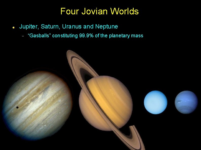Four Jovian Worlds Jupiter, Saturn, Uranus and Neptune “Gasballs” constituting 99. 9% of the