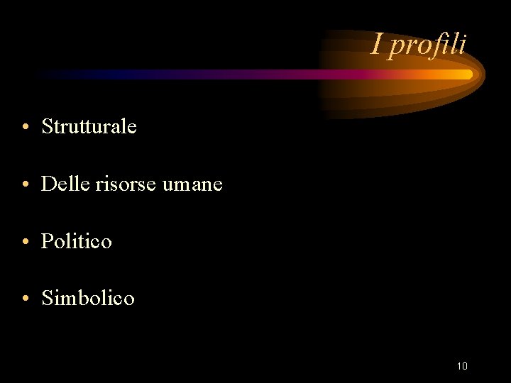 I profili • Strutturale • Delle risorse umane • Politico • Simbolico 10 