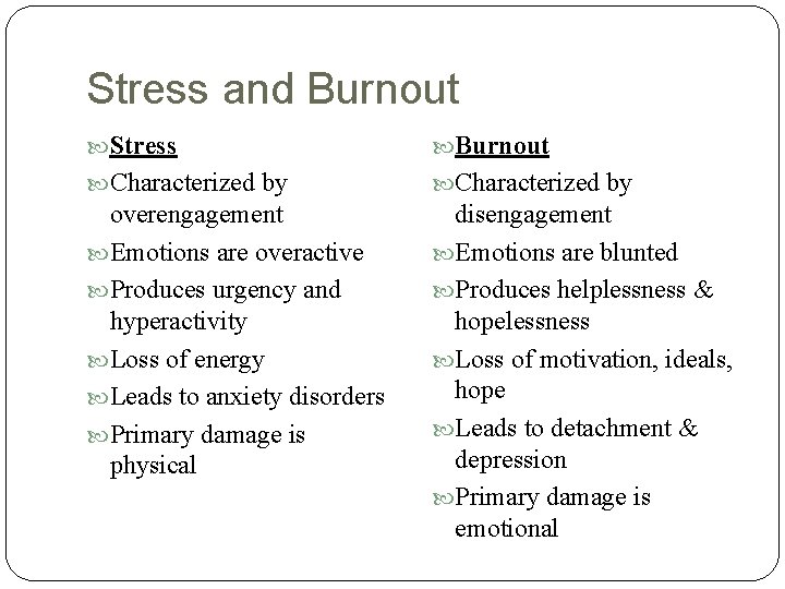 Stress and Burnout Stress Burnout Characterized by overengagement Emotions are overactive Produces urgency and Stress and Burnout Stress Burnout Characterized by overengagement Emotions are overactive Produces urgency and