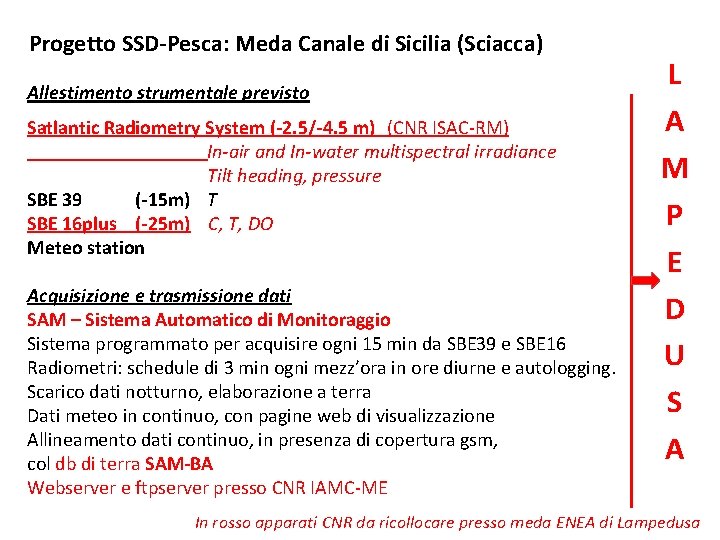 Progetto SSD-Pesca: Meda Canale di Sicilia (Sciacca) Allestimento strumentale previsto Satlantic Radiometry System (-2.