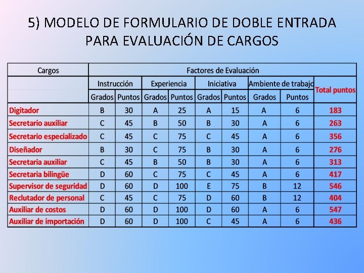 5) MODELO DE FORMULARIO DE DOBLE ENTRADA PARA EVALUACIÓN DE CARGOS 