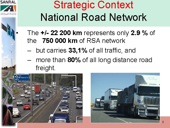 Strategic Context National Road Network • The +/- 22 200 km represents only 2.