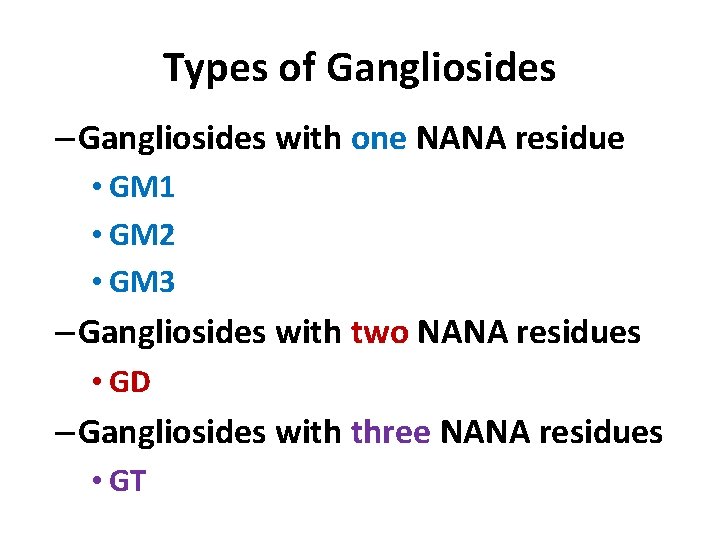 Types of Gangliosides – Gangliosides with one NANA residue • GM 1 • GM