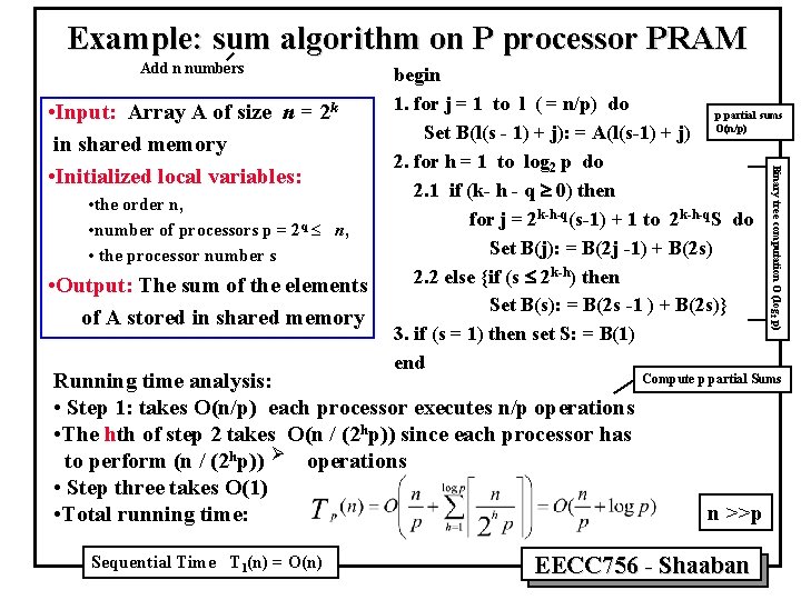 Example: sum algorithm on P processor PRAM Add n numbers • the order n,