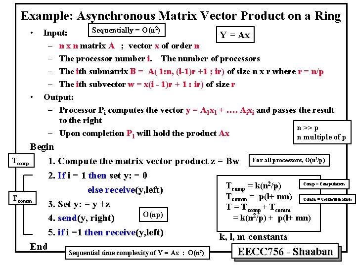 Example: Asynchronous Matrix Vector Product on a Ring • • Sequentially = O(n )