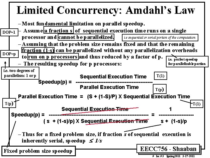 Limited Concurrency: Amdahl’s Law DOP=1 DOP=p – Most fundamental limitation on parallel speedup. –