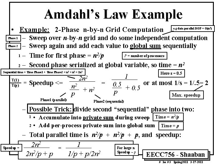 Amdahl’s Law Example • Example: 2 -Phase n-by-n Grid Computation – Phase 2 –