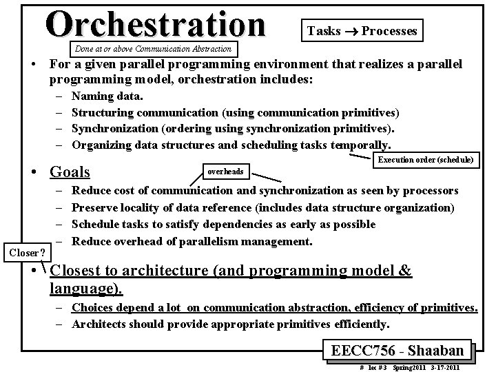 Orchestration Tasks ® Processes Done at or above Communication Abstraction • For a given