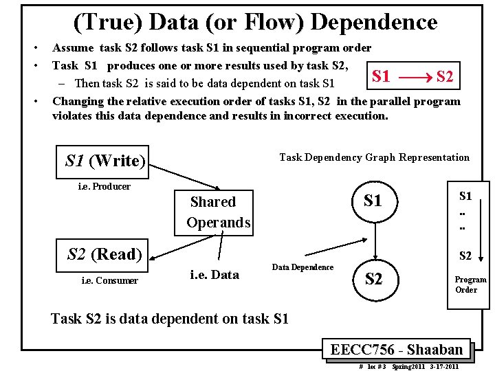 (True) Data (or Flow) Dependence • • • Assume task S 2 follows task