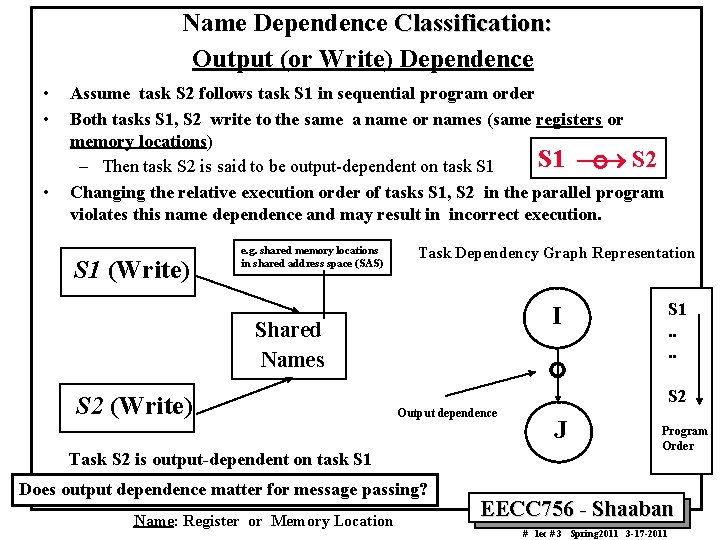 Name Dependence Classification: Output (or Write) Dependence • • • Assume task S 2