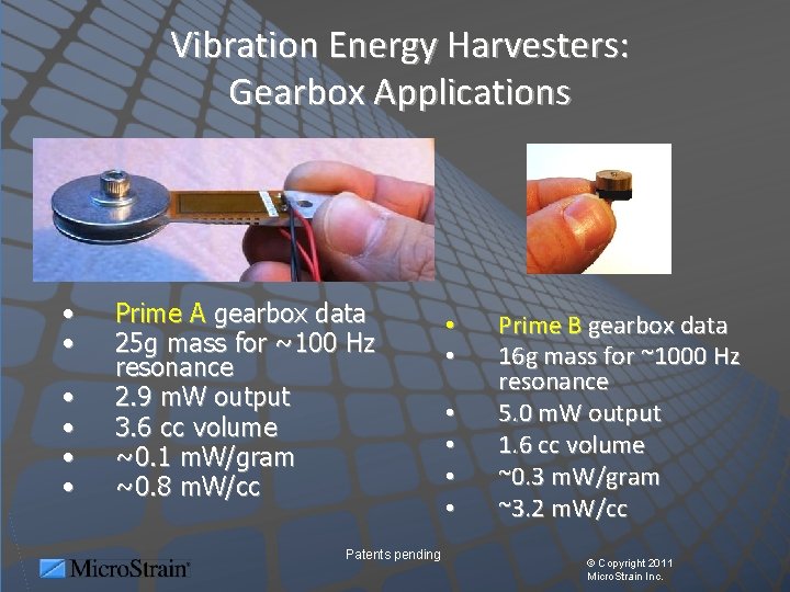 Vibration Energy Harvesters: Gearbox Applications • • • Prime A gearbox data 25 g