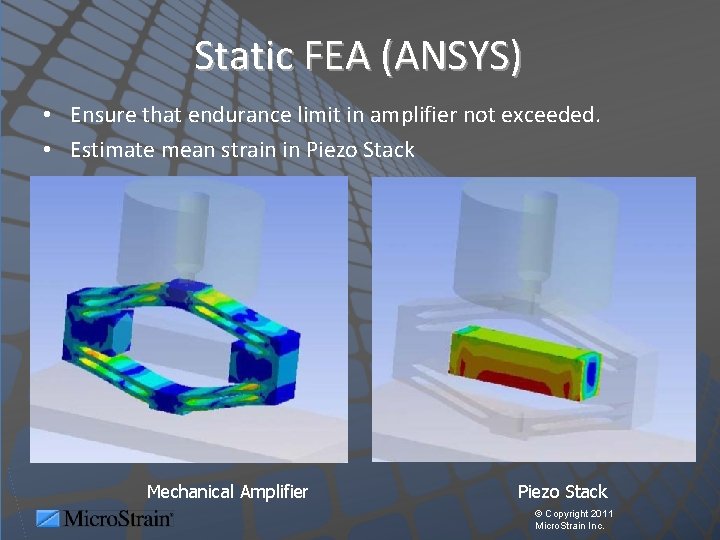 Static FEA (ANSYS) • Ensure that endurance limit in amplifier not exceeded. • Estimate