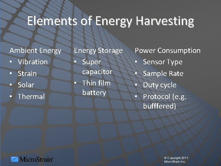 Elements of Energy Harvesting Ambient Energy • Vibration • Strain • Solar • Thermal