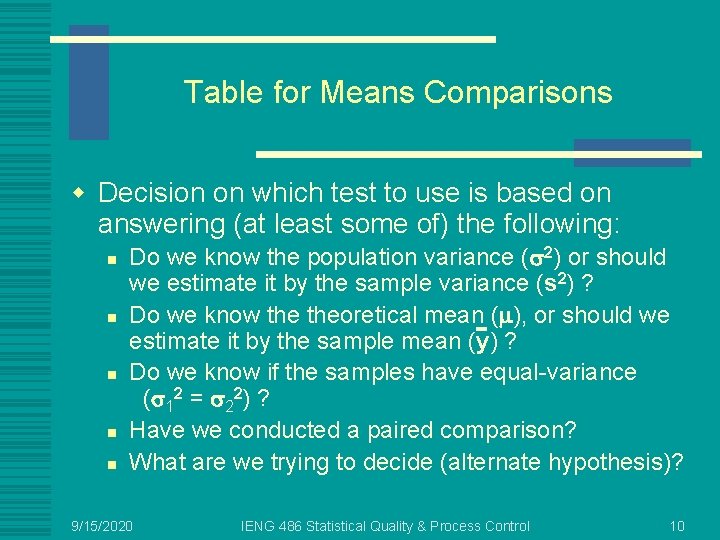 Table for Means Comparisons w Decision on which test to use is based on