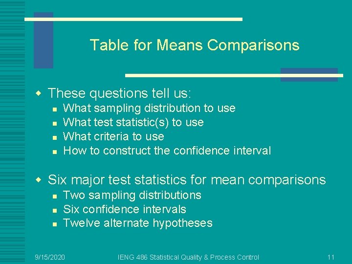 Table for Means Comparisons w These questions tell us: n n What sampling distribution