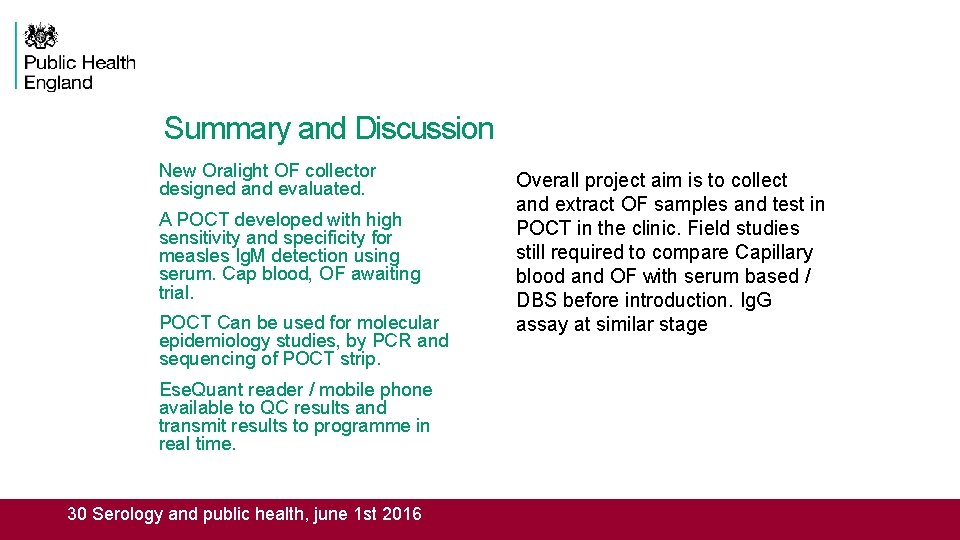 Summary and Discussion New Oralight OF collector designed and evaluated. A POCT developed with