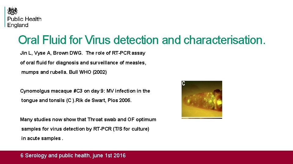 Oral Fluid for Virus detection and characterisation. Jin L, Vyse A, Brown DWG. The