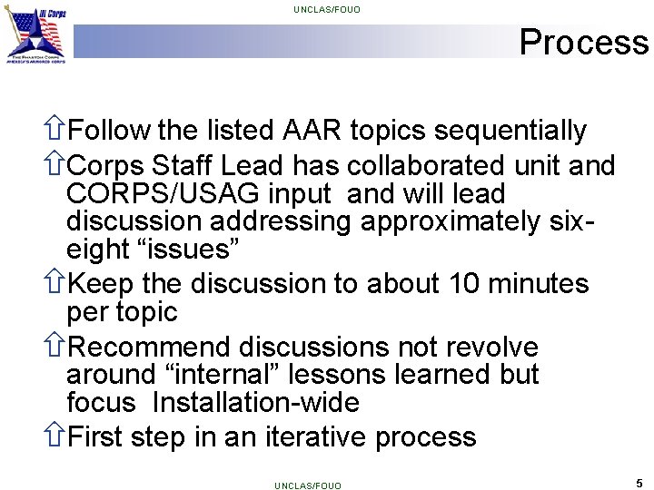 UNCLAS/FOUO Process ñFollow the listed AAR topics sequentially ñCorps Staff Lead has collaborated unit