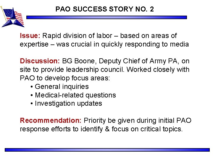 PAO SUCCESS STORY NO. 2 Issue: Rapid division of labor – based on areas