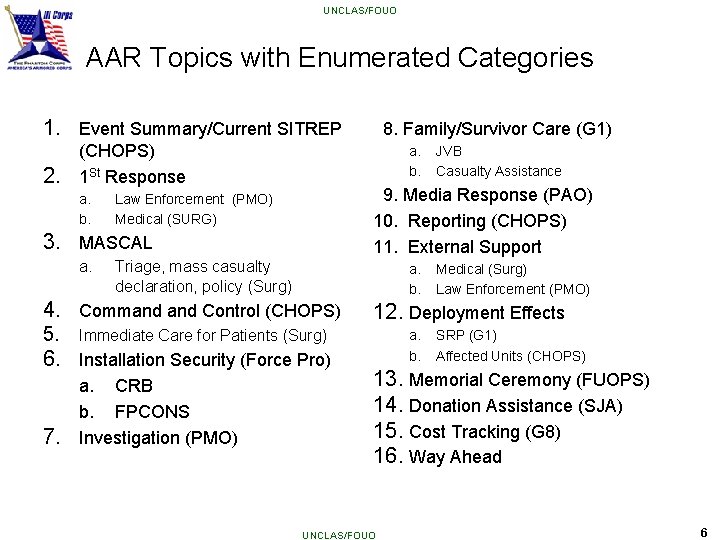 UNCLAS/FOUO AAR Topics with Enumerated Categories 1. Event Summary/Current SITREP 2. (CHOPS) 1 St