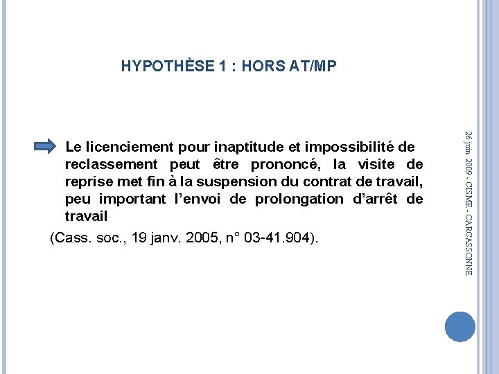 HYPOTHÈSE 1 : HORS AT/MP 26 juin 2009 - CISME - CARCASSONNE Le licenciement