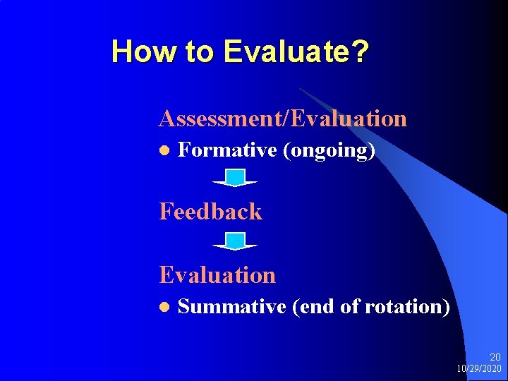 How to Evaluate? Assessment/Evaluation l Formative (ongoing) Feedback Evaluation l Summative (end of rotation)