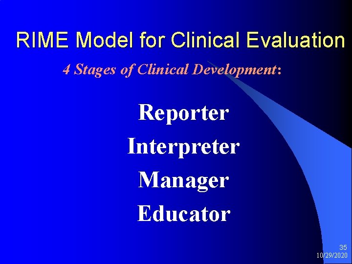 RIME Model for Clinical Evaluation 4 Stages of Clinical Development: Reporter Interpreter Manager Educator