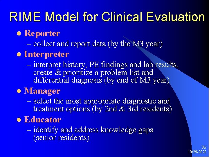 RIME Model for Clinical Evaluation l Reporter – collect and report data (by the