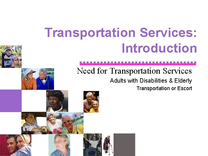 Transportation Services: Introduction Need for Transportation Services Adults with Disabilities & Elderly Transportation or