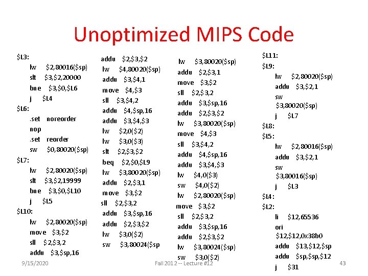 Unoptimized MIPS Code $L 3: lw $2, 80016($sp) slt $3, $2, 20000 bne $3,