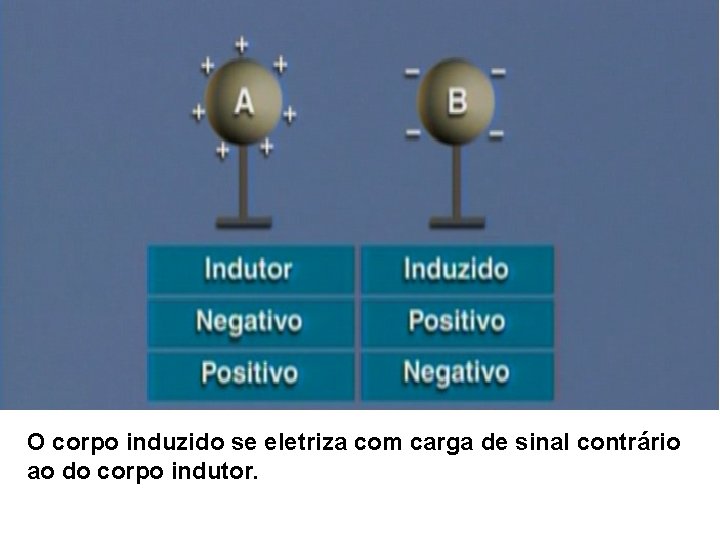 O corpo induzido se eletriza com carga de sinal contrário ao do corpo indutor.