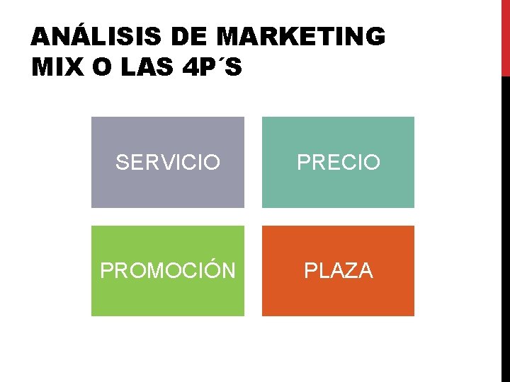 ANÁLISIS DE MARKETING MIX O LAS 4 P´S SERVICIO PRECIO PROMOCIÓN PLAZA ANÁLISIS DE MARKETING MIX O LAS 4 P´S SERVICIO PRECIO PROMOCIÓN PLAZA