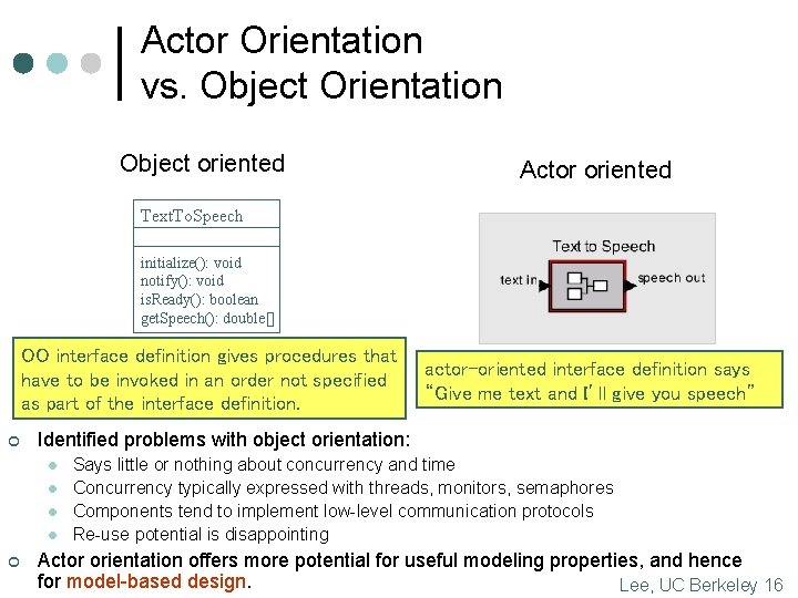 Actor Orientation vs. Object Orientation Object oriented Actor oriented Text. To. Speech initialize(): void