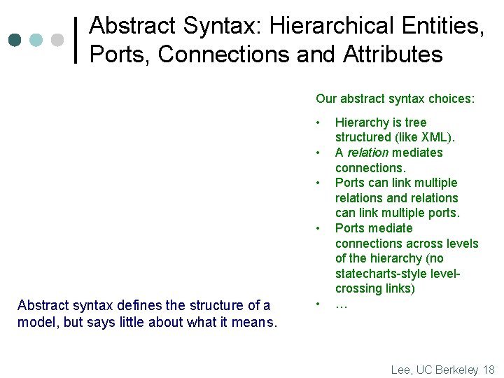 Abstract Syntax: Hierarchical Entities, Ports, Connections and Attributes Our abstract syntax choices: • •