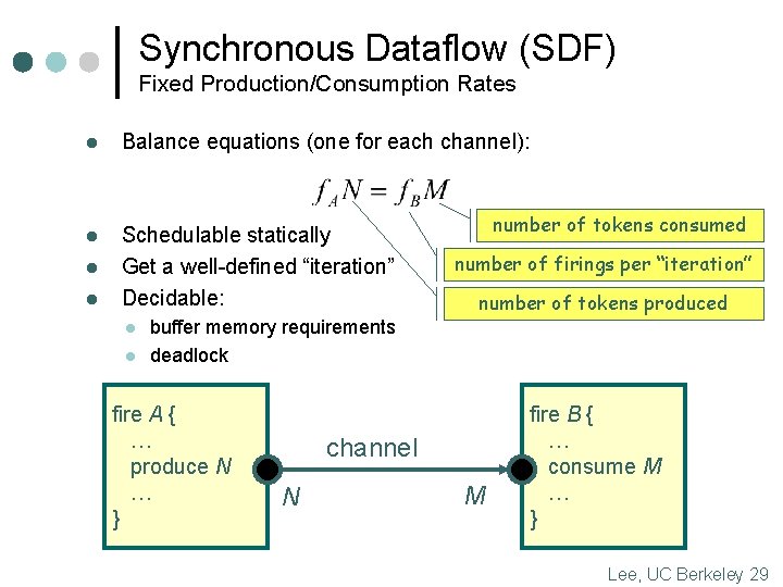 Synchronous Dataflow (SDF) Fixed Production/Consumption Rates l Balance equations (one for each channel): l