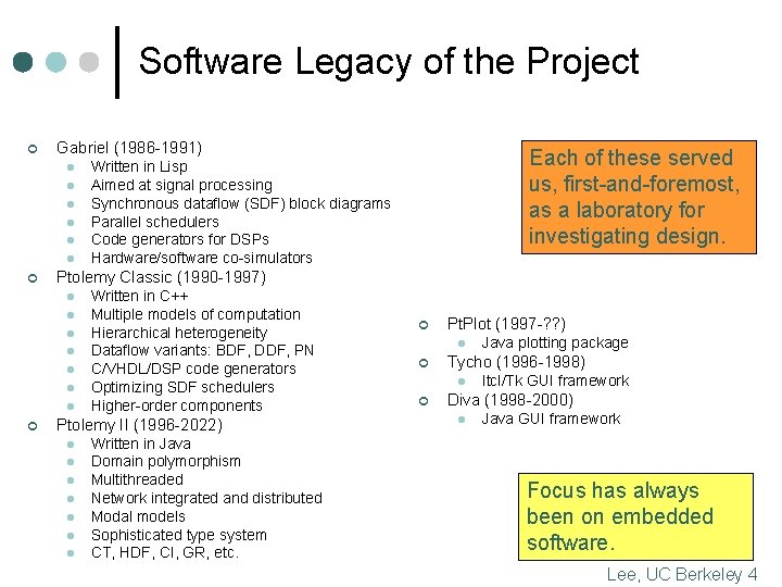 Software Legacy of the Project ¢ Gabriel (1986 -1991) l l l ¢ Ptolemy