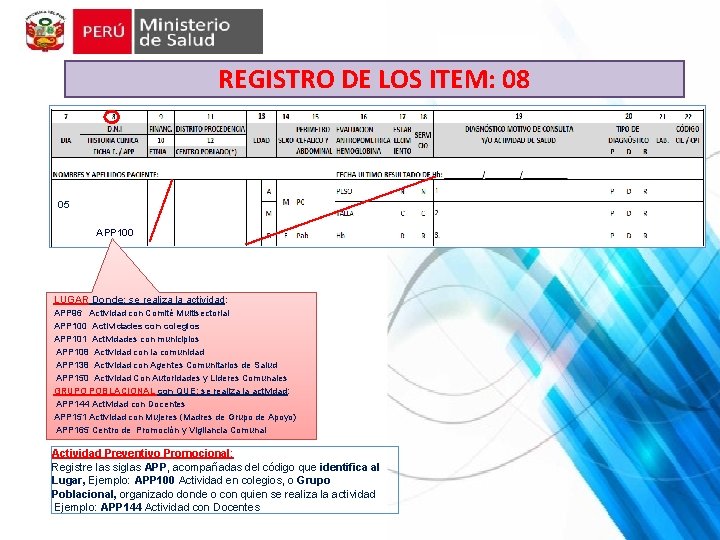 REGISTRO DE LOS ITEM: 08 05 APP 100 LUGAR Donde: se realiza la actividad: REGISTRO DE LOS ITEM: 08 05 APP 100 LUGAR Donde: se realiza la actividad: